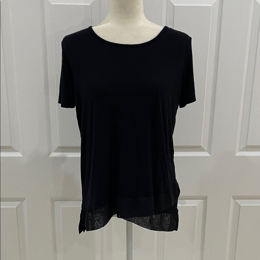 K&C Black Women's Blouse with Sheer Trim Overlay Hem and Tie in back